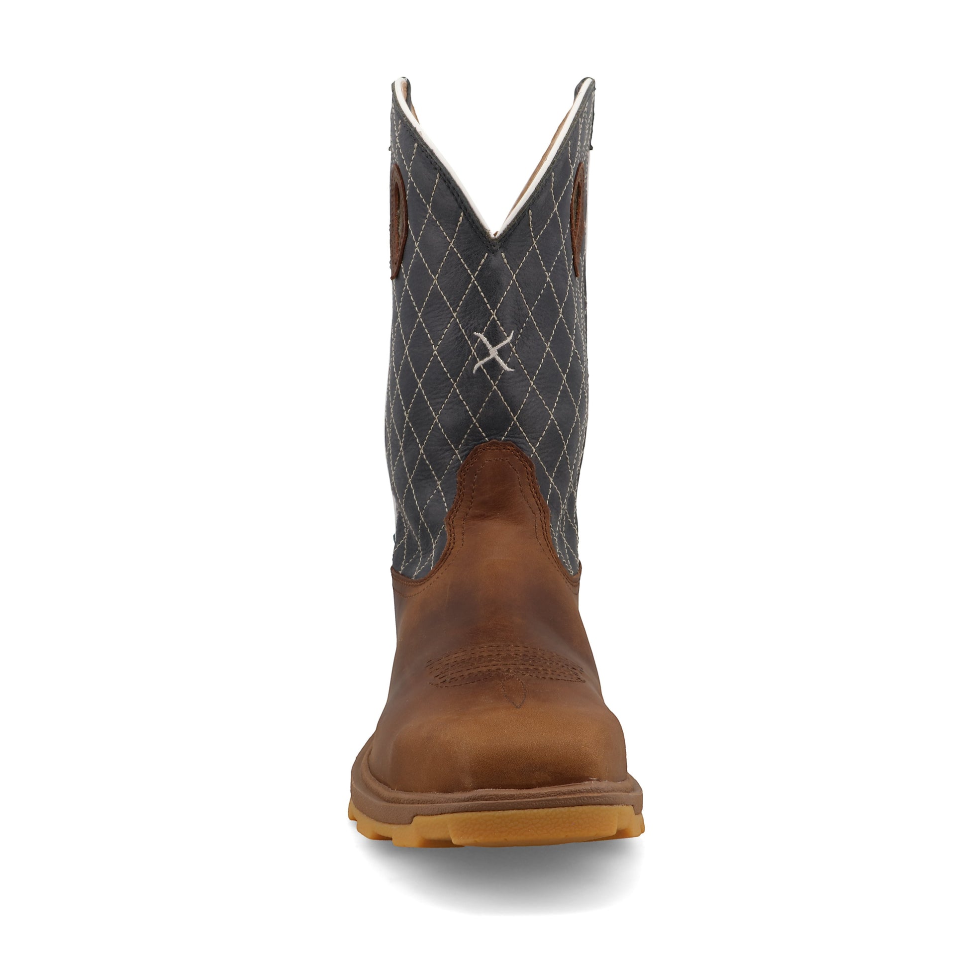 Allen's Bootery 12-inch UltraLite X work boot in brown leather with a dark electric blue quilted shaft and nano toe.