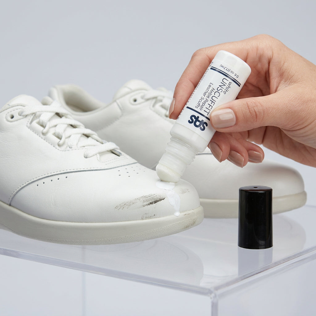 Allen's Bootery Unscuffit white leather scuff repair dauber applying polish to a white leather shoe