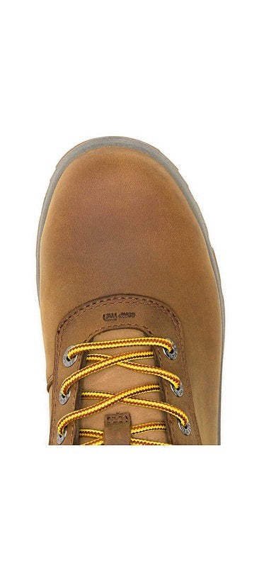 Allen's Bootery Vantage dark tan waterproof work boot with composite toe and yellow-black laces