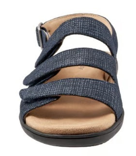 Allen's Bootery Vine navy leather sandals with three adjustable hook and loop straps and a cushioned footbed