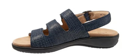 Allen's Bootery Vine navy leather sandals with three adjustable straps, memory foam footbed, and buckled back strap.