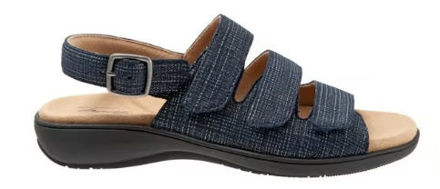 Allen's Bootery Vine navy blue leather sandals with three adjustable hook and loop straps and a buckled back strap.