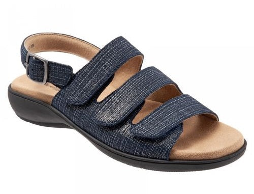Allen's Bootery Vine navy leather sandals with three adjustable hook and loop straps and a buckled back strap.