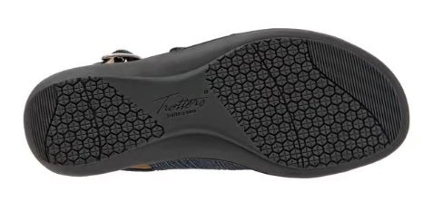 Allen's Bootery Vine navy blue sandal showing the textured rubberized outsole with tread pattern