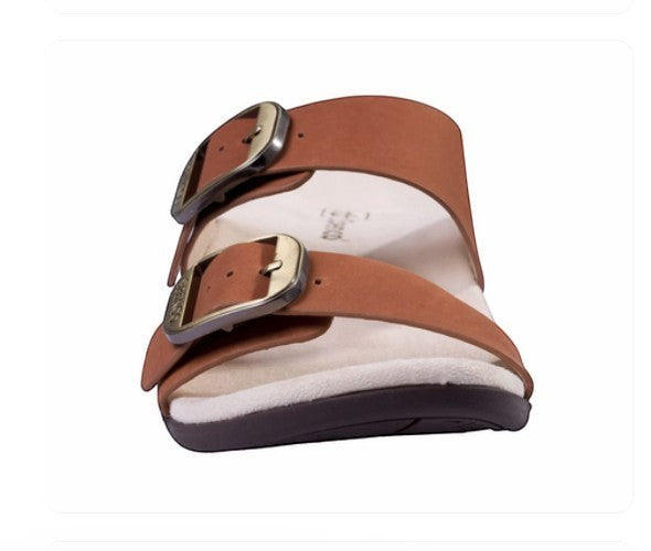 Allen's Bootery tan faux suede double strap comfort slides with adjustable buckles and contoured footbed.