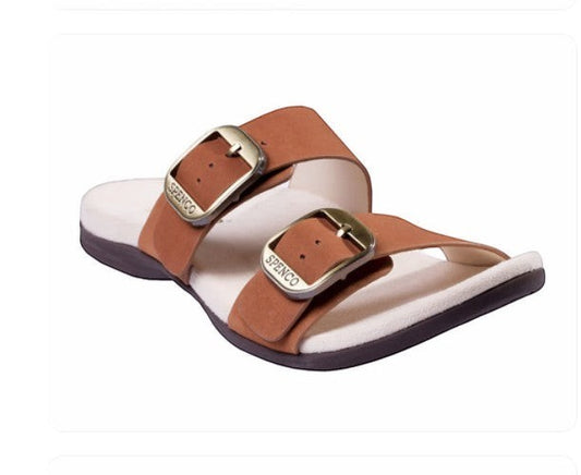 Allen's Bootery tan faux suede adjustable double strap comfort slides with contoured footbed.