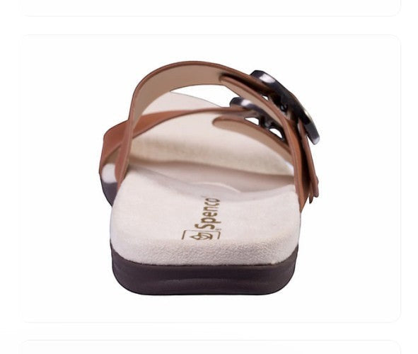 Allen's Bootery Vista Slide Saddle tan faux suede adjustable double strap comfort slides with contoured footbed.
