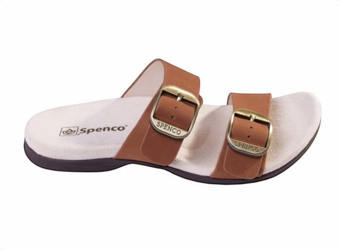 Allen's Bootery Vista Slide Saddle tan faux suede double strap comfort slides with adjustable buckles and contoured footbed.