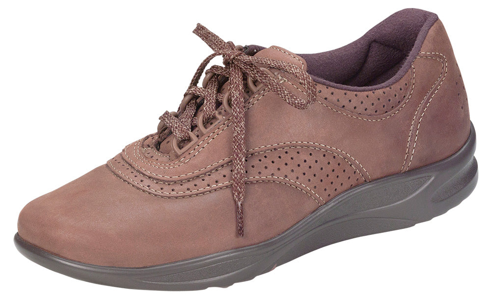 Allen's Bootery Walk Easy chocolate brown leather walking shoe with perforated details and cushioned sole