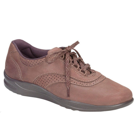 Allen's Bootery Walk Easy chocolate brown leather walking shoe with perforated detailing and cushioned sole