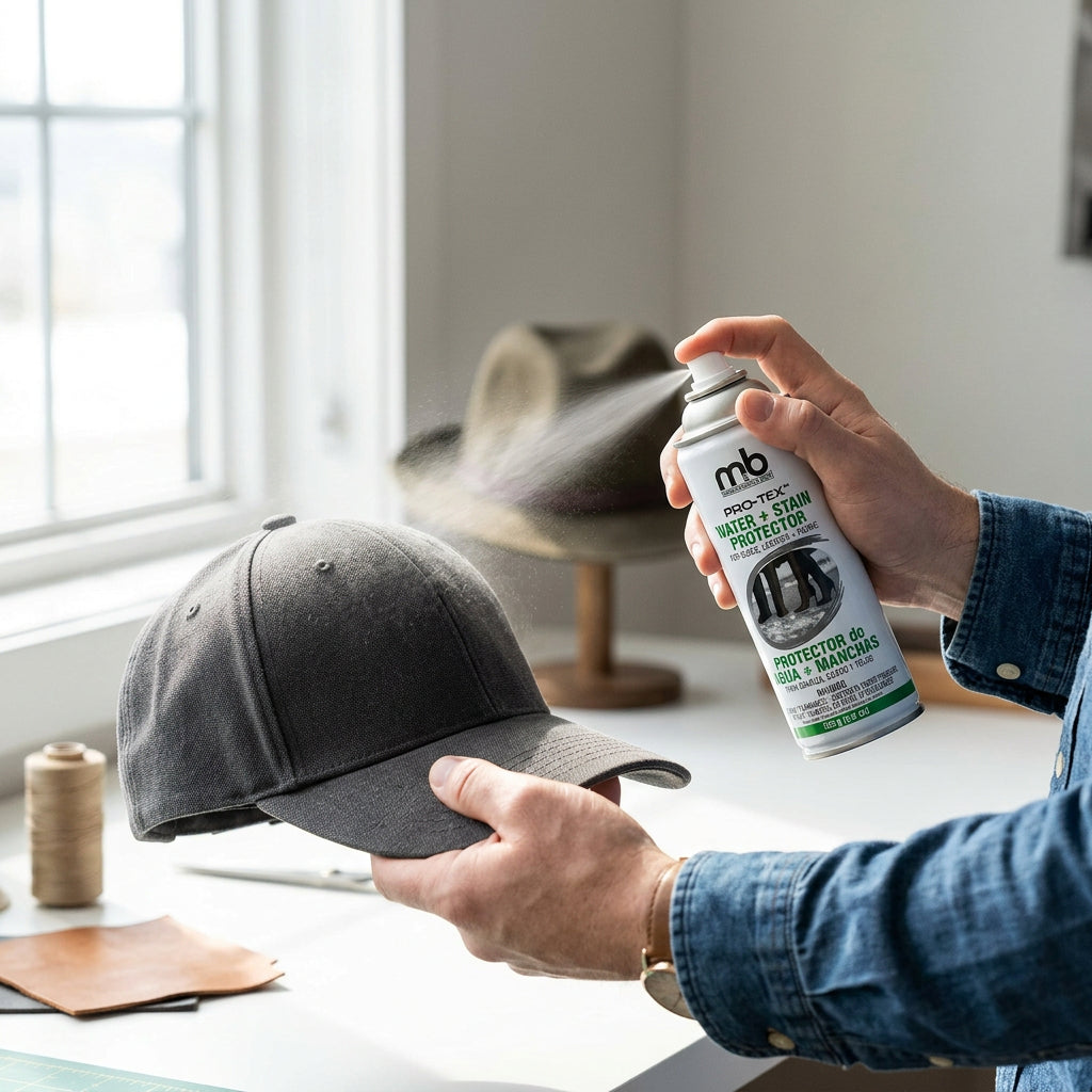 Allen's Bootery M&B Pro-Tex eco-friendly water and stain repellent spray being applied to a grey baseball cap