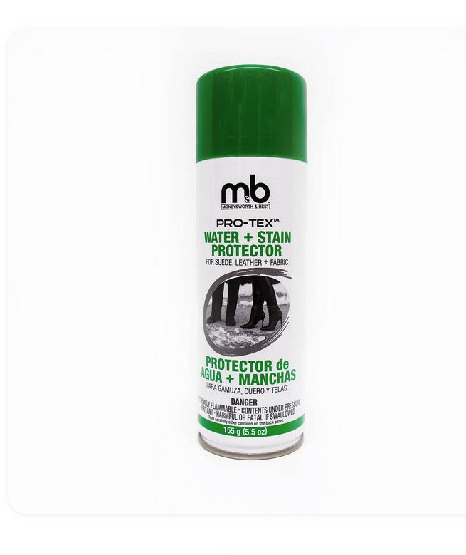 Allen's Bootery M&B Pro-Tex Water + Stain Protector spray can for suede, leather, and fabric.