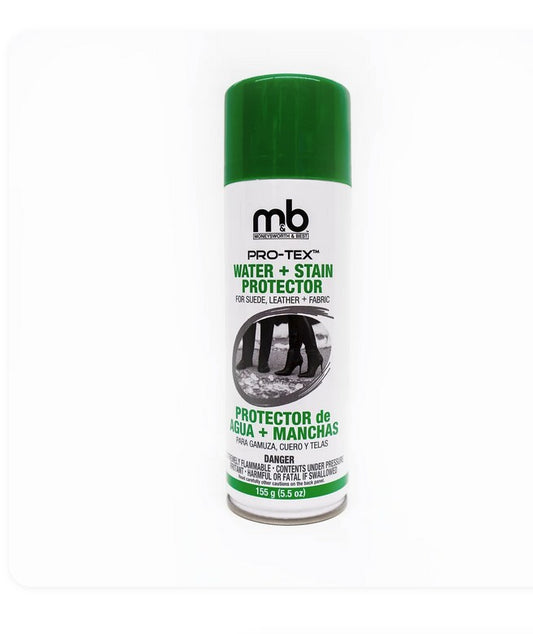 Allen's Bootery M&B Pro-Tex Water + Stain Protector spray can for suede, leather, and fabric.