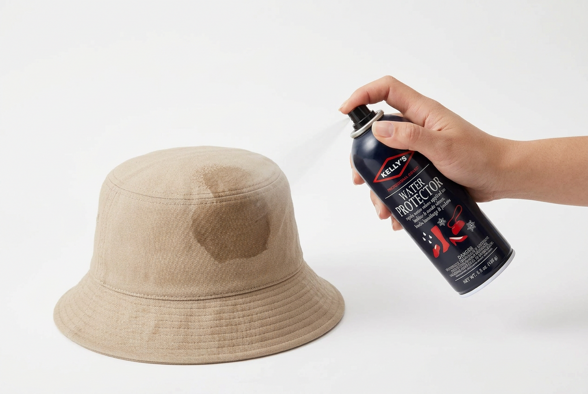 Allen's Bootery Kelly Water & Stain Protector spray being applied to a beige fabric bucket hat