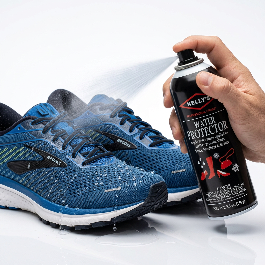 Allen's Bootery KELLY water and stain protector spray being applied to blue mesh running shoes