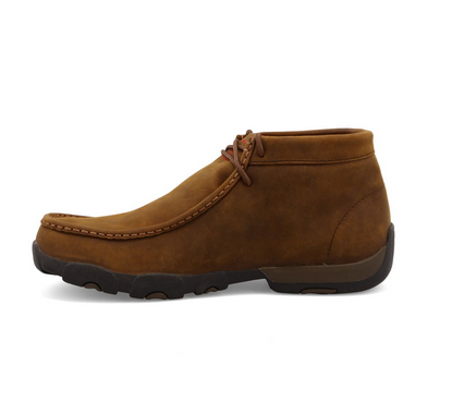 Allen's Bootery men's waterproof chukka boot in distressed saddle brown full-grain oiled leather with rubber outsole