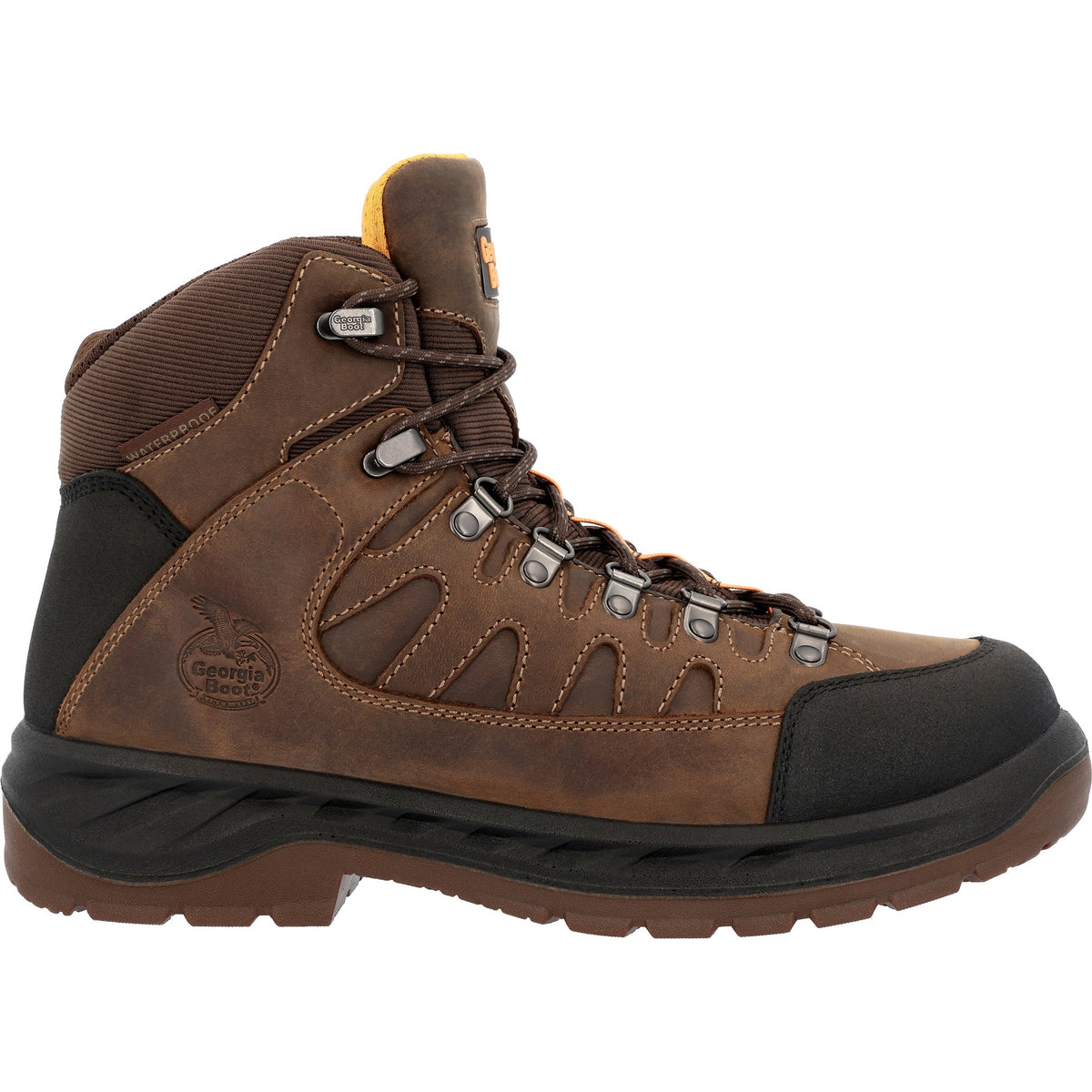 Allen's Bootery Georgia Boot waterproof hiker work boot in brown leather with black abrasion-resistant toe and heel.