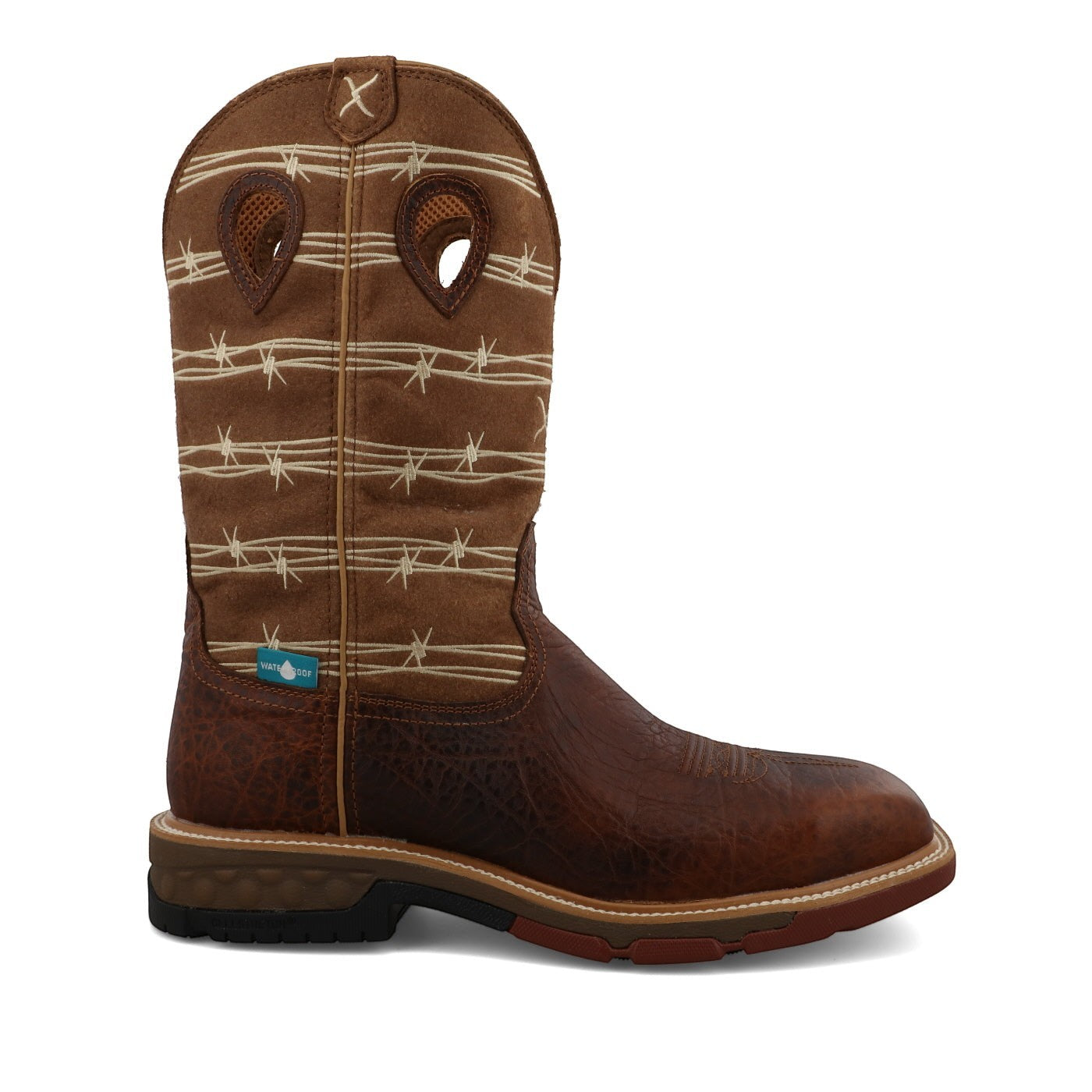 Allen's Bootery 12-inch waterproof western work boot in rustic brown leather with a tan barbed wire print shaft.
