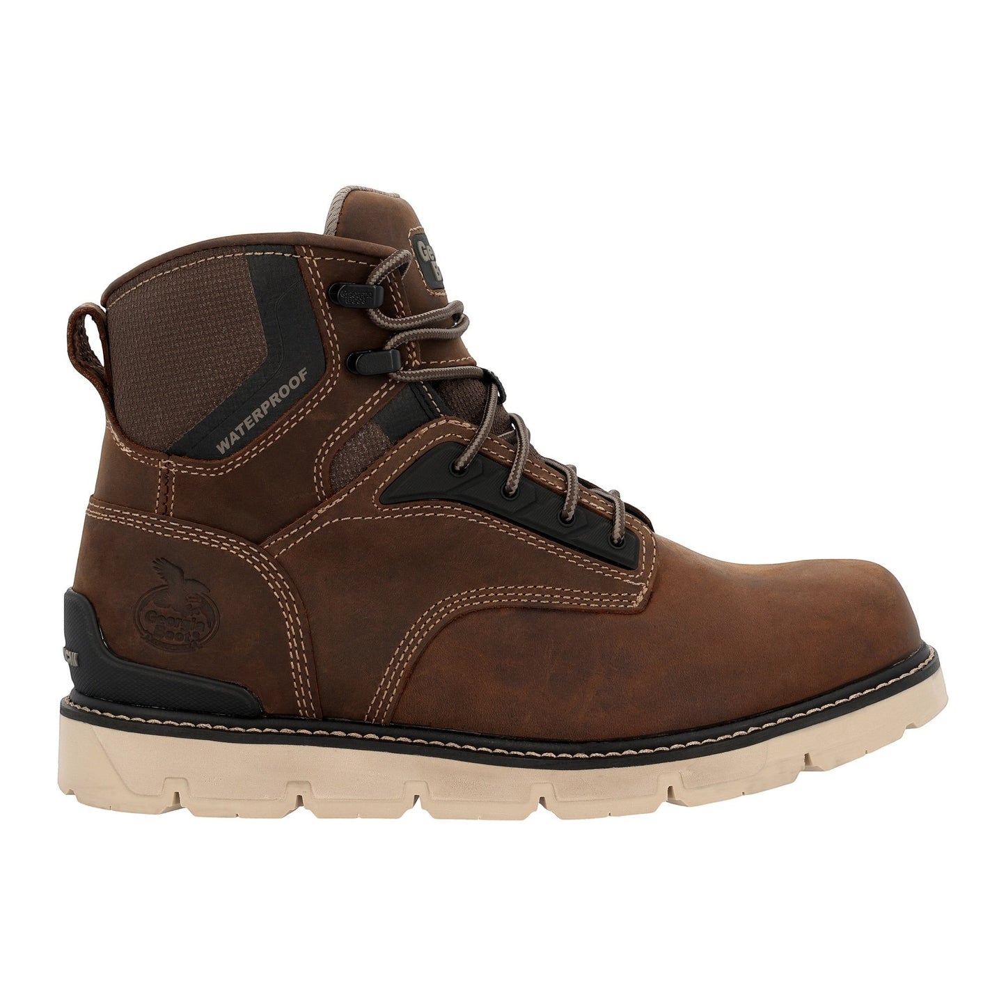 Allen's Bootery brown full-grain leather waterproof work boot with tan sole and black accents.
