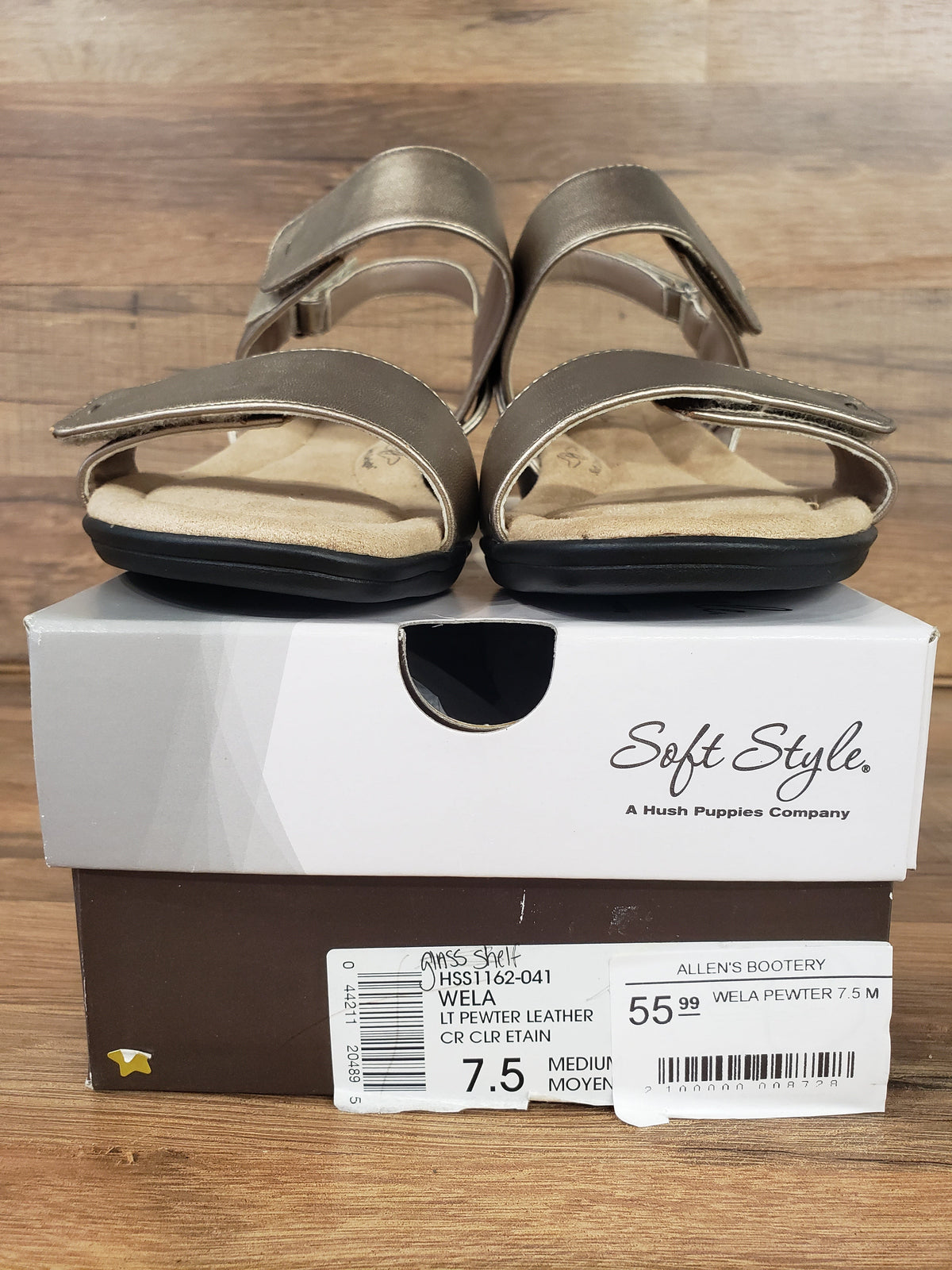 Allen's Bootery Soft Style Wela pewter wedge sandals with velcro straps displayed on their original shoe box