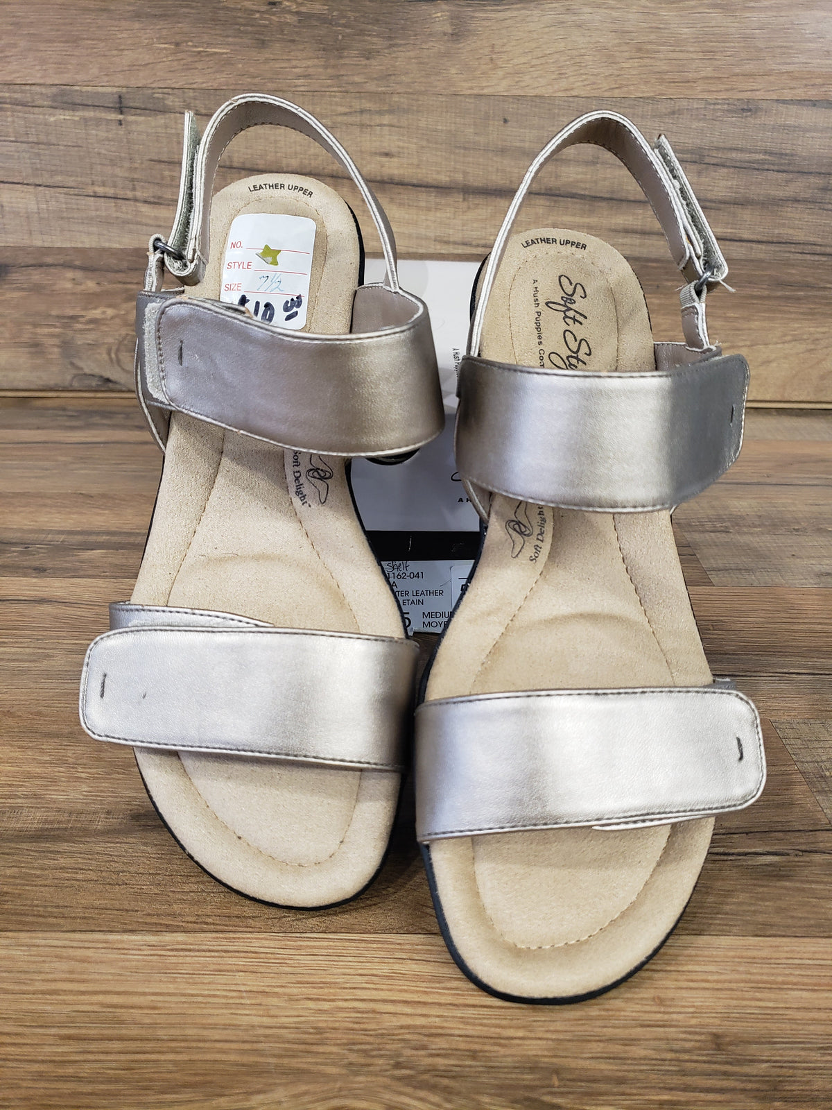 Allen's Bootery Soft Style Wela pewter wedge sandals with adjustable velcro straps and cushioned footbeds