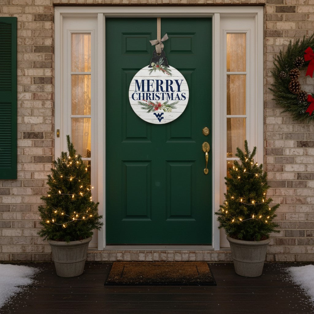 Allen's Bootery 20-inch round Merry Christmas ornament sign with West Virginia team logo hanging on a green front door.