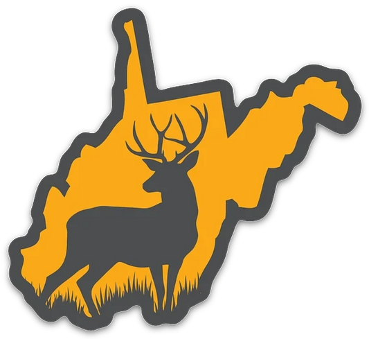 Allen's Bootery acrylic keychain featuring a grey deer silhouette over an orange West Virginia state map outline