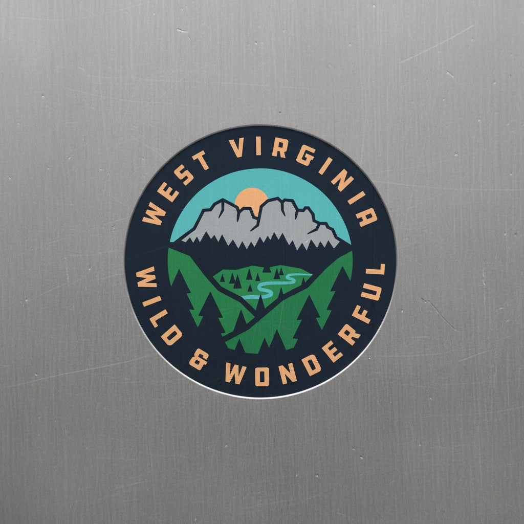 Allen's Bootery 3-inch round waterproof magnet featuring a West Virginia Seneca Rocks mountain landscape illustration.