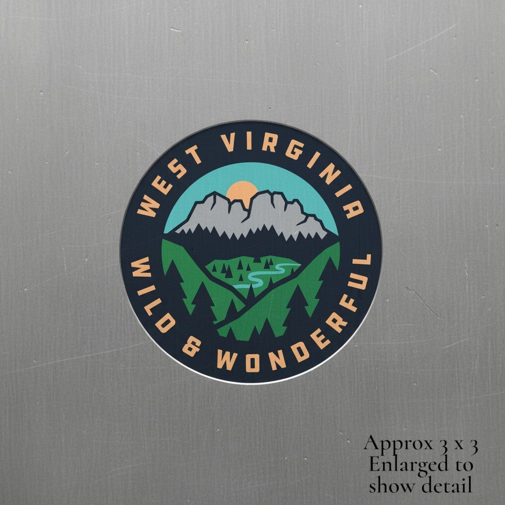 Allen's Bootery 3-inch round waterproof magnet featuring a West Virginia Seneca Rocks mountain landscape illustration.