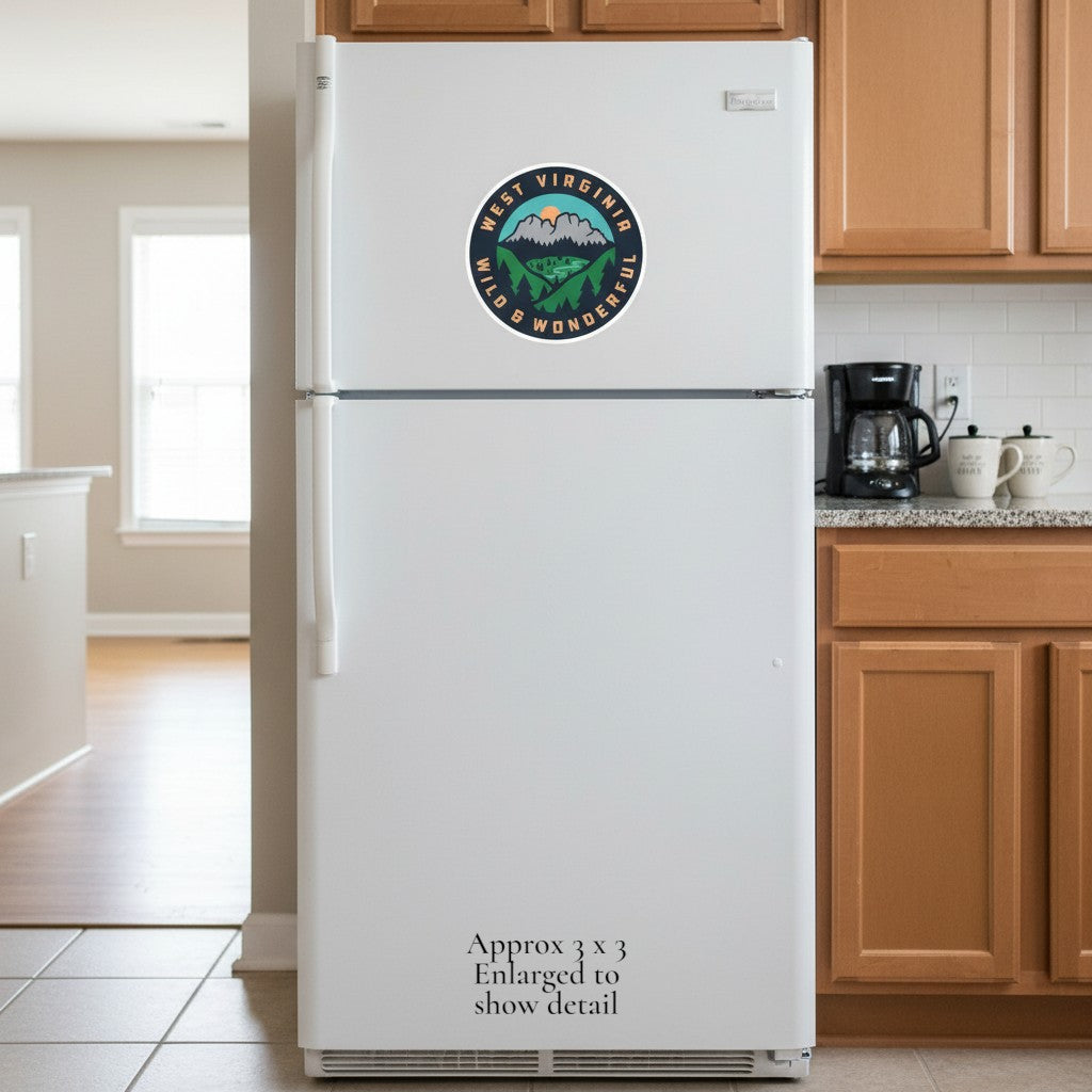 Allen's Bootery circular West Virginia Wild & Wonderful magnet featuring mountain and forest art on a white fridge.