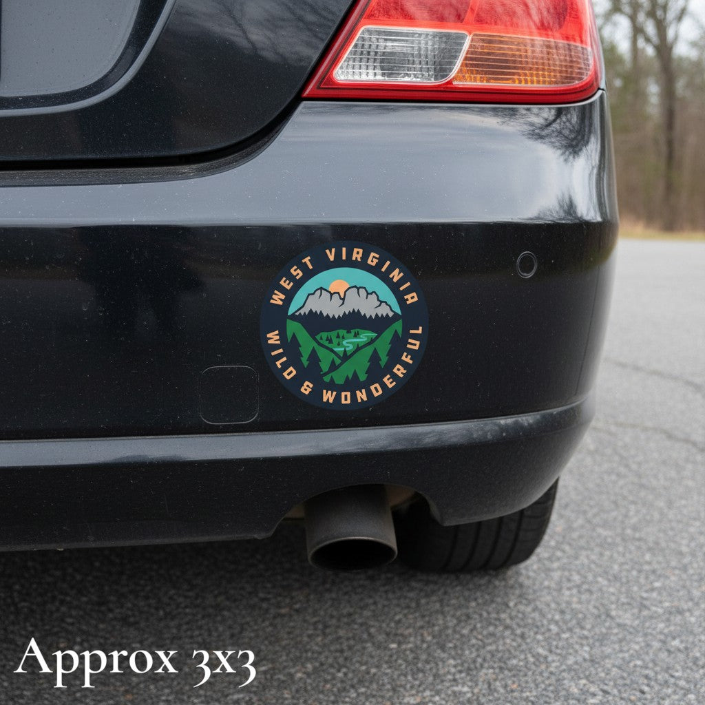 Allen's Bootery Wild & Wonderful West Virginia scenery sticker featuring Seneca Rocks on a black car bumper.