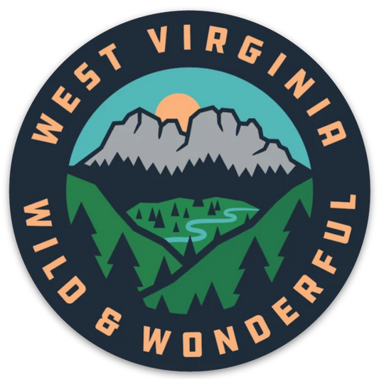 Allen's Bootery circular West Virginia sticker featuring Seneca Rocks, a winding river, and a sunset in a forest.