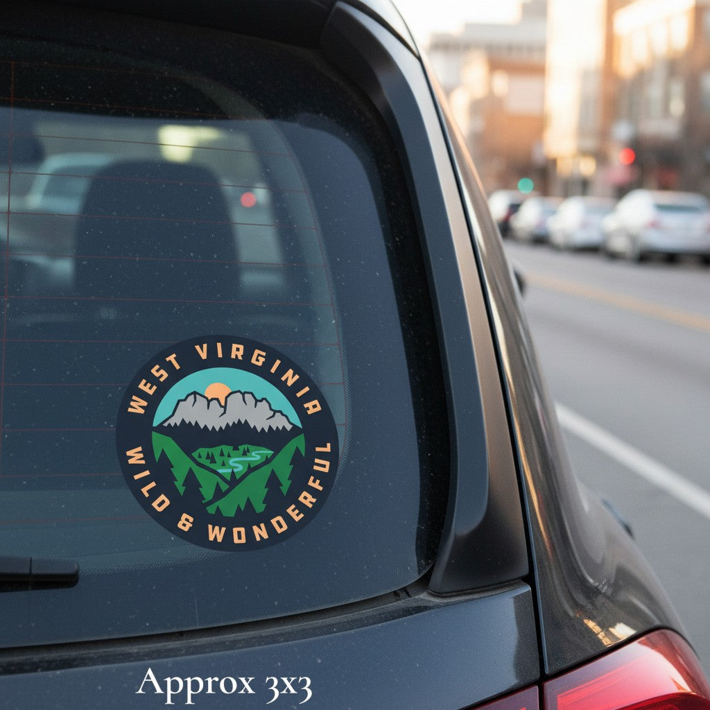 Allen's Bootery circular West Virginia Wild & Wonderful scenery sticker featuring mountains on a car window