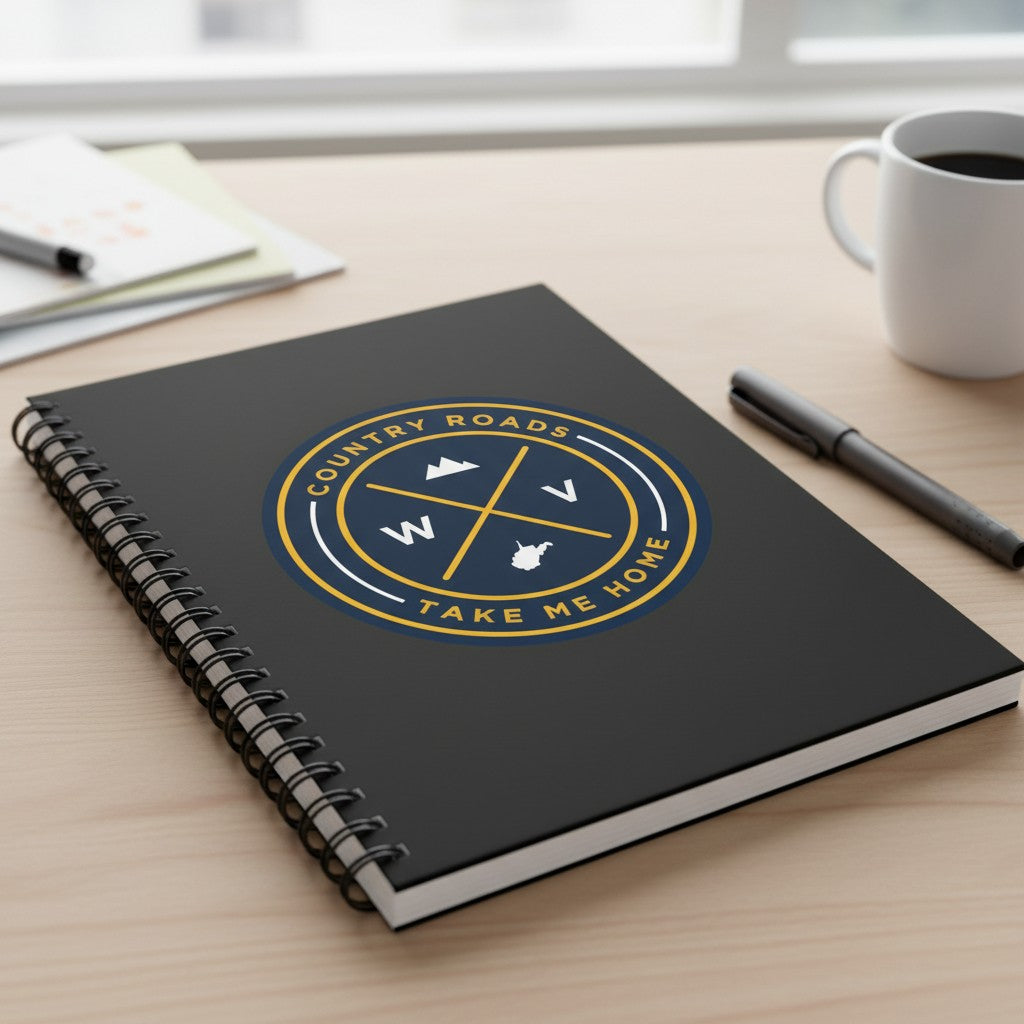 Allen's Bootery West Virginia seal sticker with navy and gold circular design on a black spiral notebook