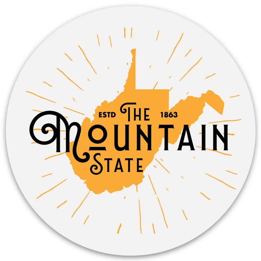 Allen's Bootery circular West Virginia sticker with a golden-orange state silhouette and sunburst design.