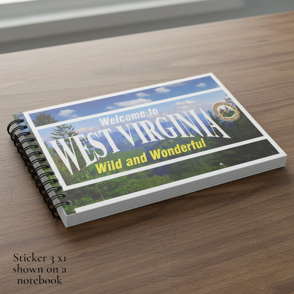 Allen's Bootery West Virginia interstate sign sticker featuring a scenic mountain landscape and state seal on a notebook