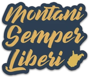 Allen's Bootery Montani Semper Liberi sticker with gold cursive text and West Virginia map on a navy background.