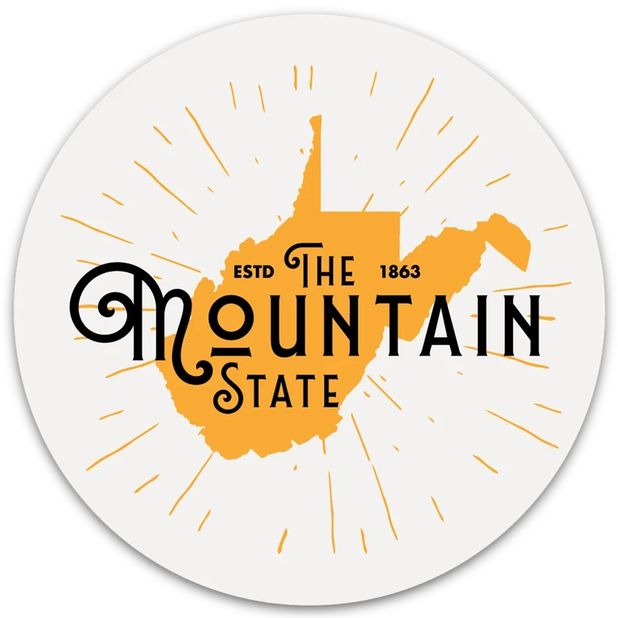 Allen's Bootery circular West Virginia sticker with a golden-orange state silhouette and sunburst design.