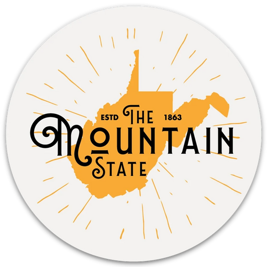 Allen's Bootery circular West Virginia sticker with a golden-orange state silhouette and sunburst design.