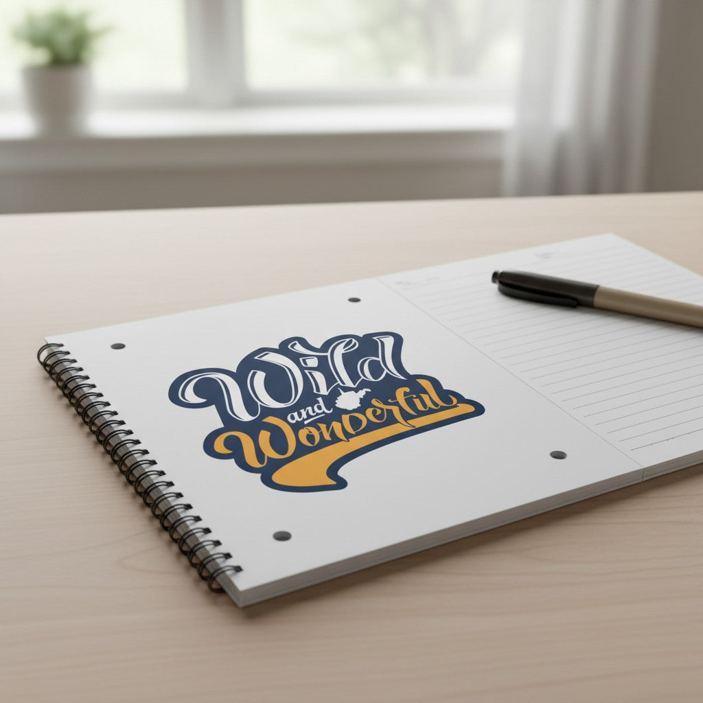 Allen's Bootery Wild and Wonderful West Virginia script sticker in navy and gold on a spiral notebook