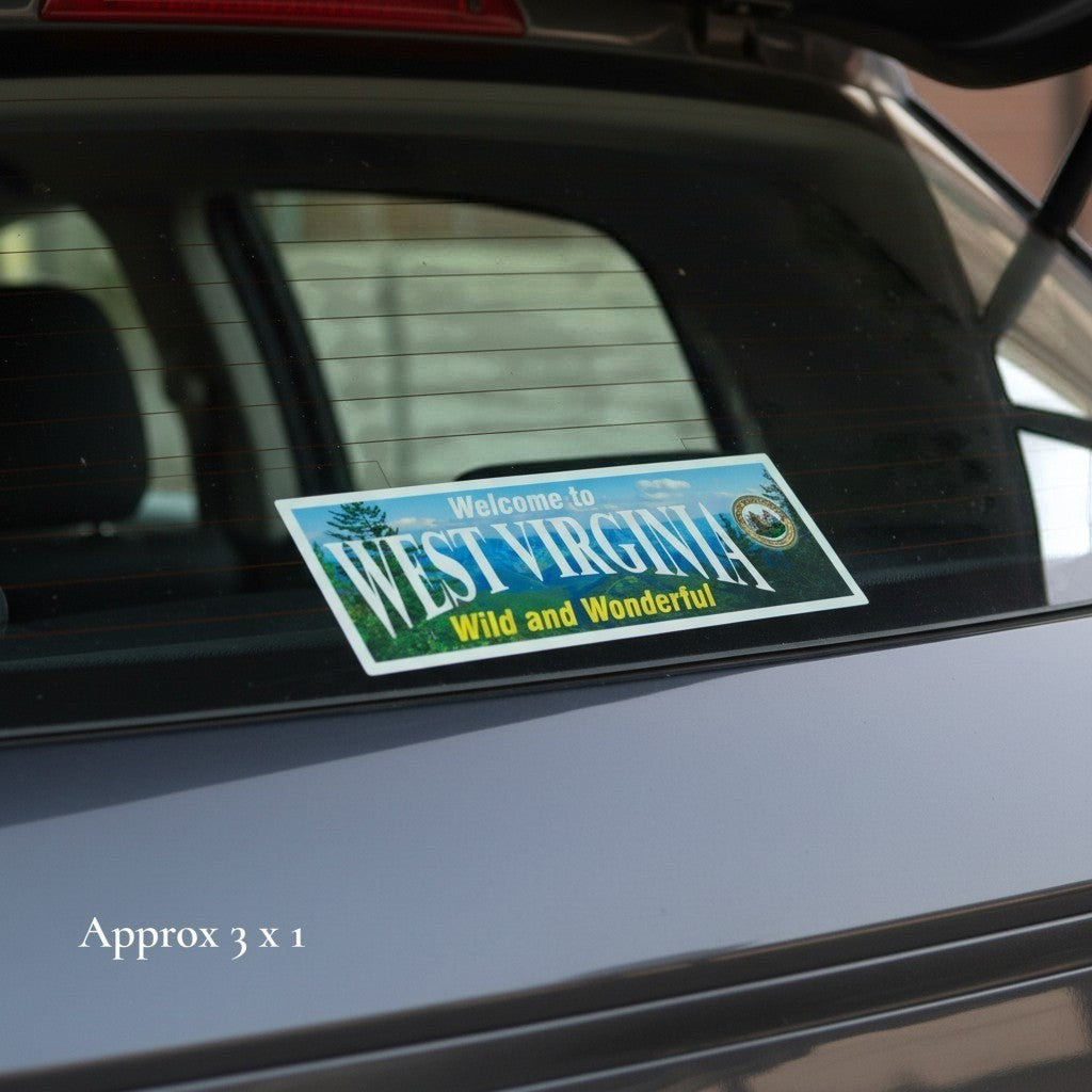 Allen's Bootery weather resistant West Virginia interstate sign sticker applied to a car rear window
