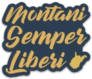 Allen's Bootery Montani Semper Liberi sticker featuring gold typography on a navy background with a West Virginia map.
