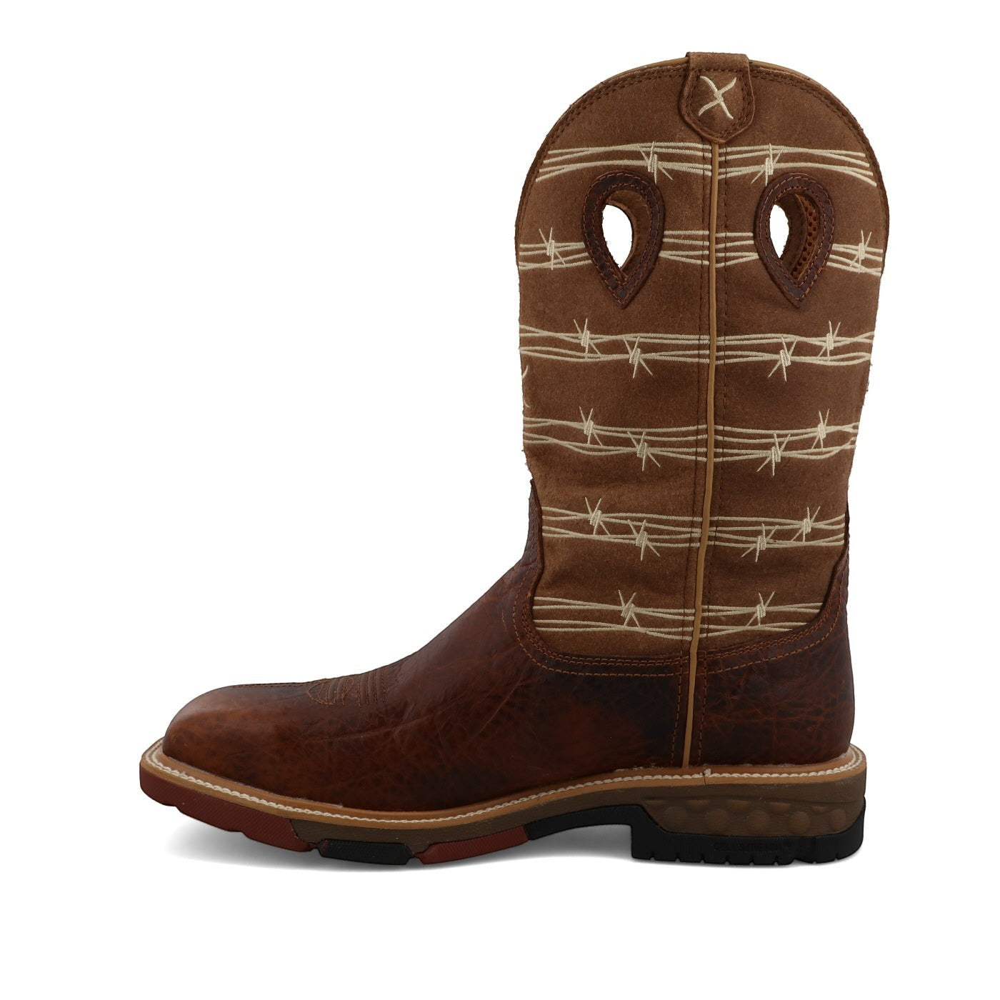 Allen's Bootery Twisted X waterproof western work boot in rustic brown leather with a tan barbed wire print shaft.