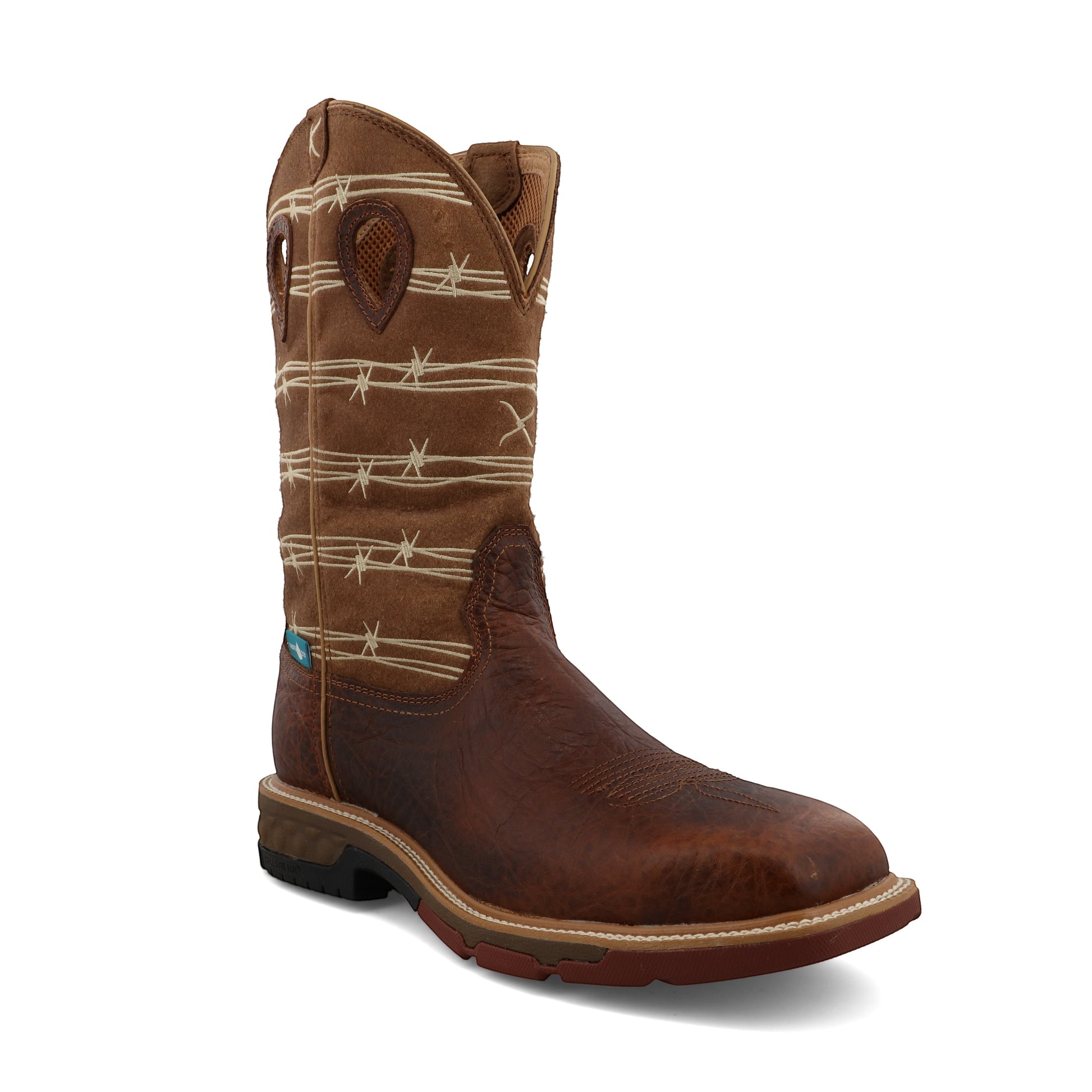 Allen's Bootery waterproof western work boot in rustic brown leather with a tan shaft featuring barbed wire embroidery.