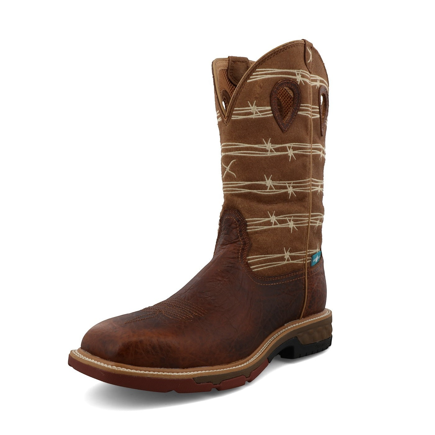 Allen's Bootery waterproof western work boot in rustic brown leather and lion tan shaft with barbed wire embroidery.