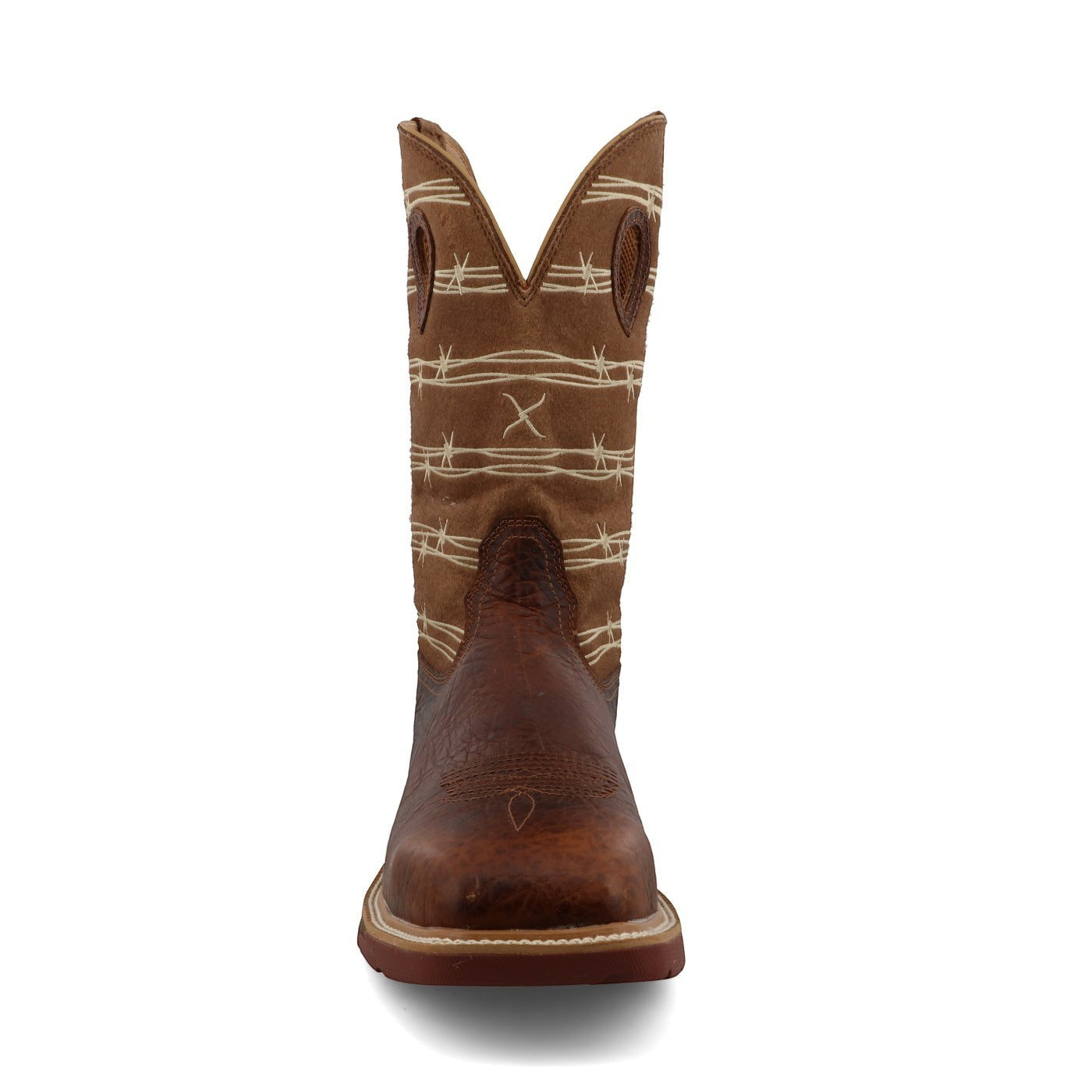 Allen's Bootery waterproof western work boot in rustic brown and lion tan leather with alloy toe and barbed wire detail.