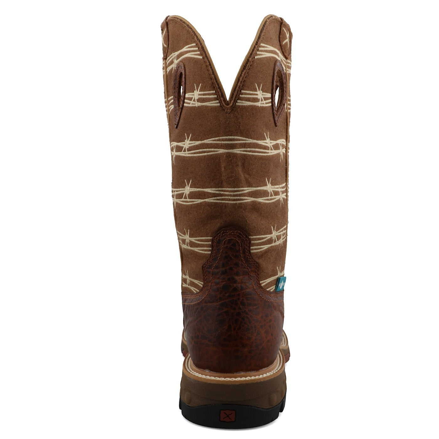 Allen's Bootery 12-inch waterproof western work boot in rustic brown and lion tan with barbed wire embroidery back view