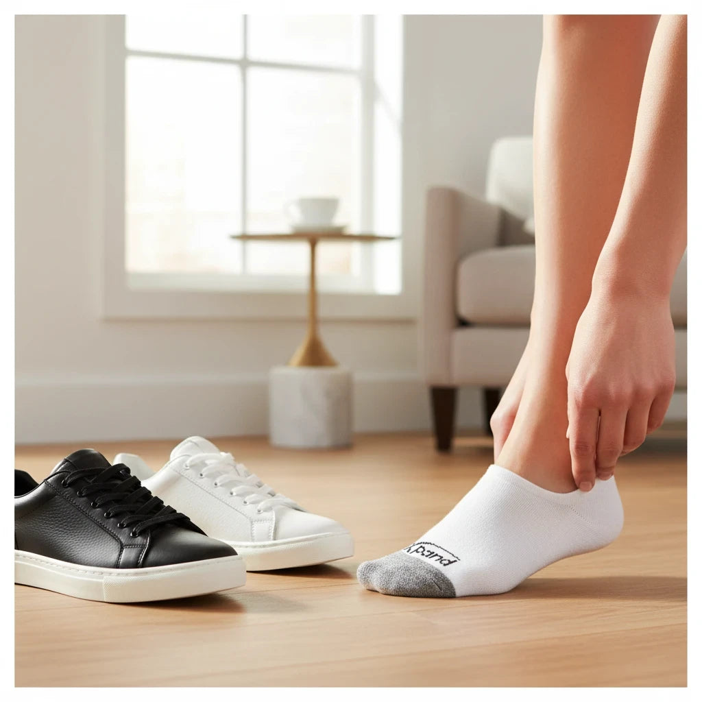Allen's Bootery Xpand white low-cut cushion socks with grey toe detail worn on a model next to casual sneakers.