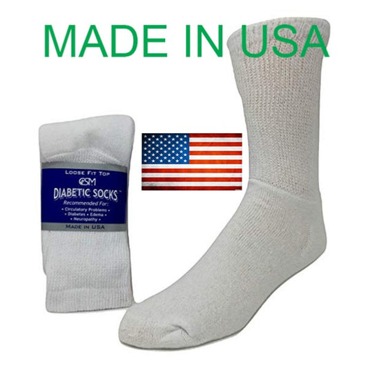 Allen's Bootery white crew diabetic socks with loose fit top, made in USA with cotton blend for comfort.