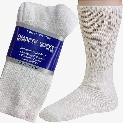 Allen's Bootery white crew diabetic socks with loose fit top for comfort, made in USA with cotton blend fabric.
